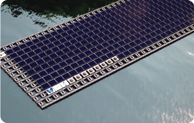 Photovoltaic panels installed at floating platform on impounding reservoir