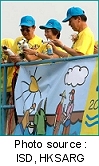 Picture shows Dr Liao, Legislative Councillor, Dr Raymond Ho (right), and the Director of Water Supplies cum Chairman of the International Water Association Regional Committee of Hong Kong, Mr William Ko (left), using the hand-held sports horns to signal the commencement of water sampling tests by participating students