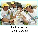 Students from 20 participating schools carrying out sample tests on four basic indicators of water quality: temperature, acidity, dissolved oxygen and turbidity, under the supervision of a Water Supplies Department chemist. Encouraging the students are Mr Mak (centre) and Director of Drainage Services, Mr Wong Chee-keung (left).