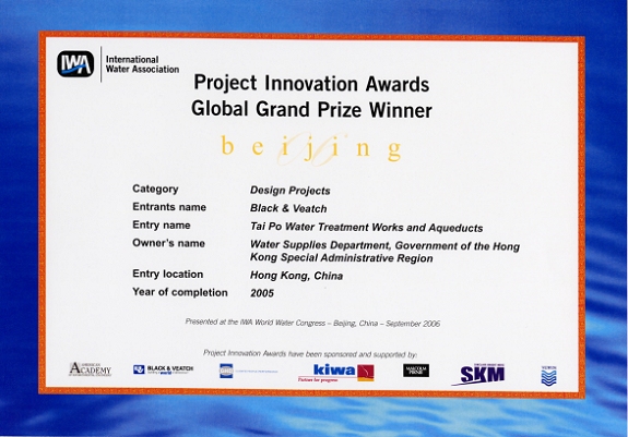 2006 IWA Project Innovation Awards - Global Grand Prize Winner (Design Projects Category) - Black & Veatch for Tai Po Water Treatment Works & Aqueducts, Hong Kong, China